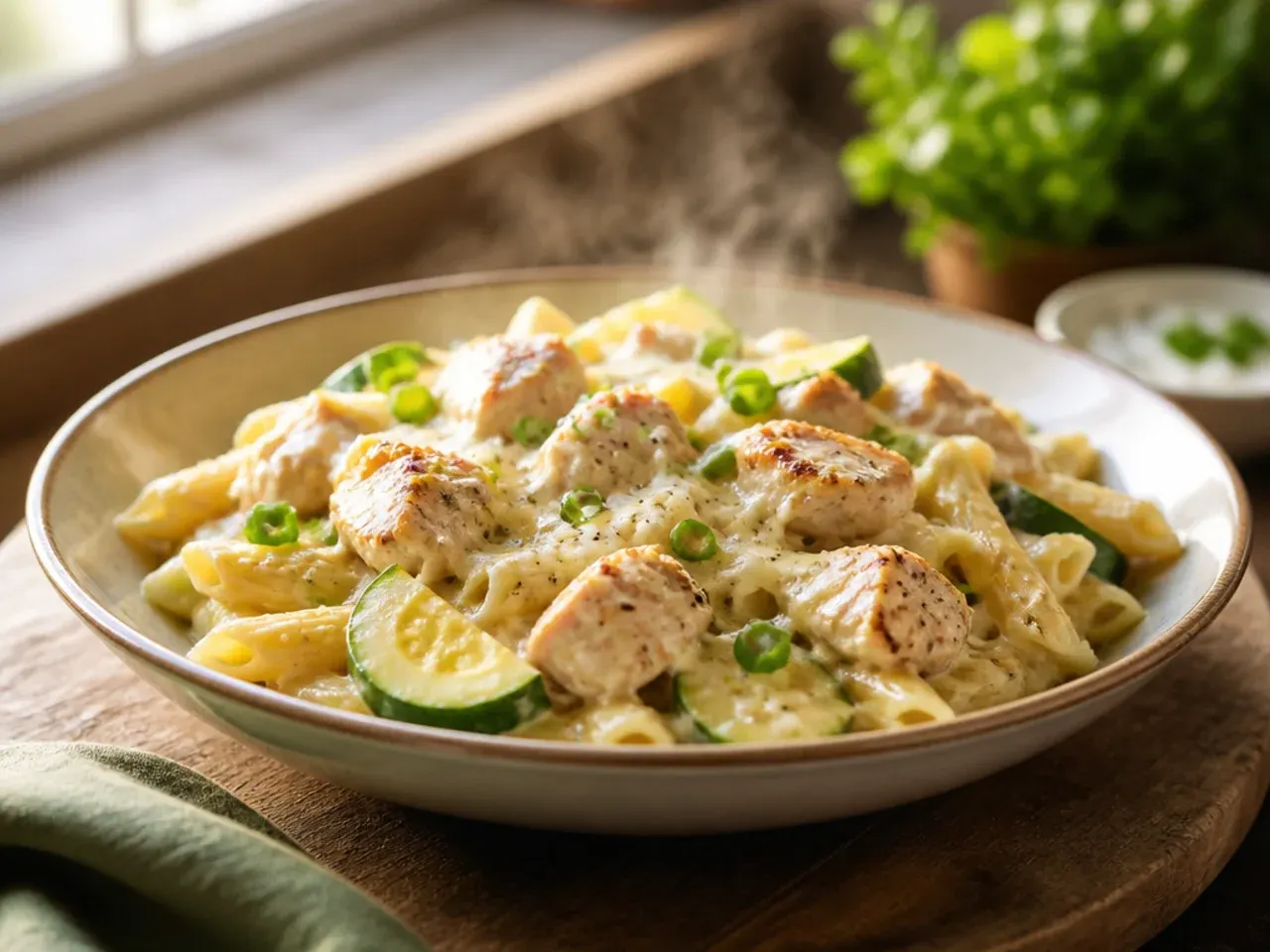 Bowl of short pasta tossed with diced chicken, zucchini, and creamy lemon Parmesan sauce