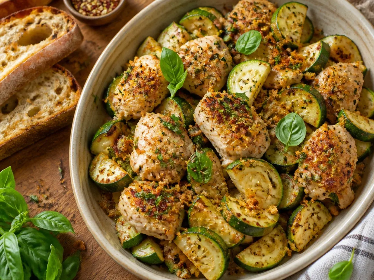 Sheet pan of roasted chicken thighs and thick zucchini wedges with golden edges