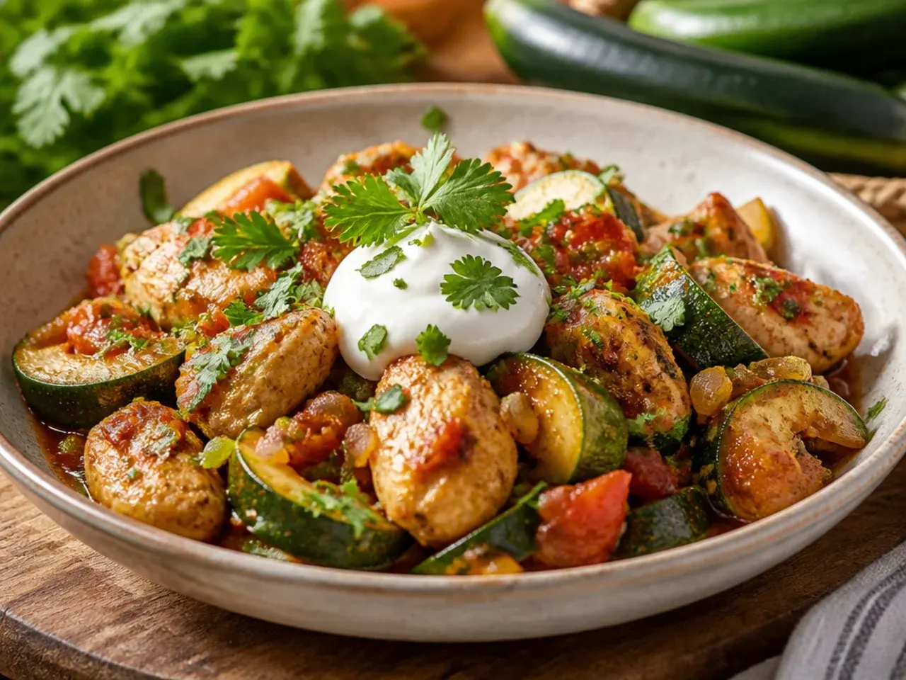 Colourful skillet of chicken, zucchini, bell pepper, and red onion with lime wedges