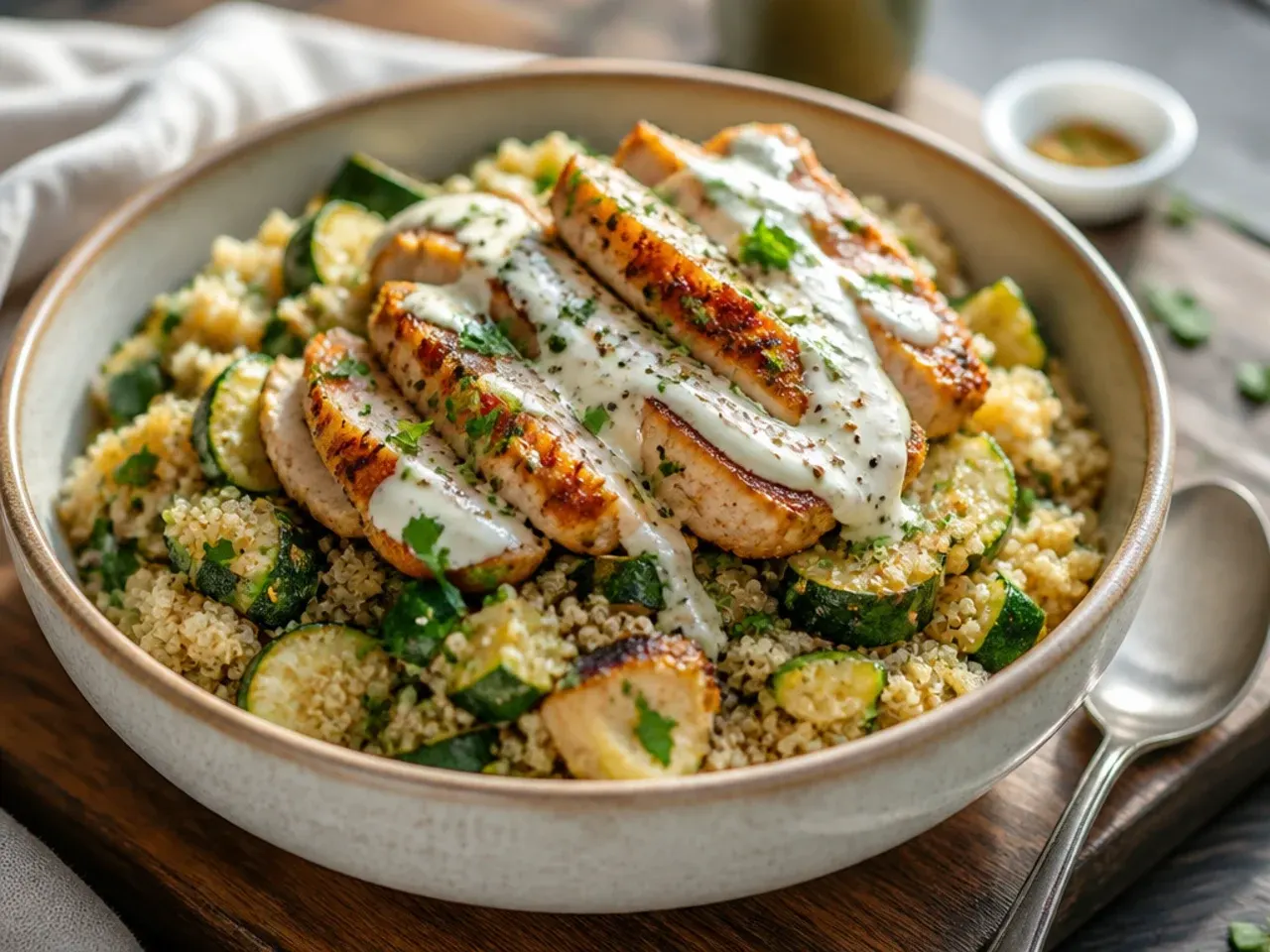 Bowl of quinoa topped with chicken and zucchini skillet and a lemon-tahini drizzle