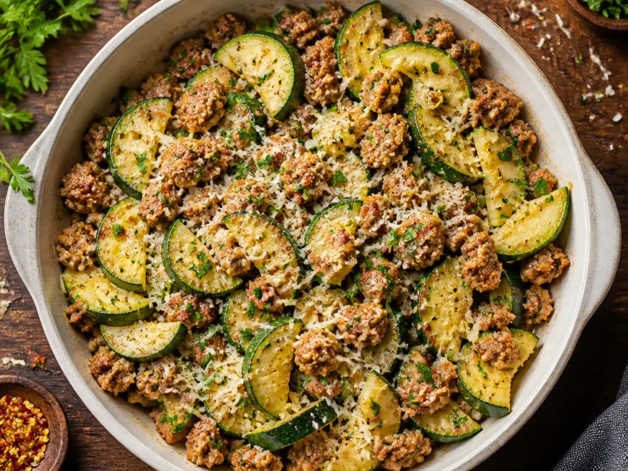 Skillet of minced chicken, zucchini, and tomato sauce spooned over rice