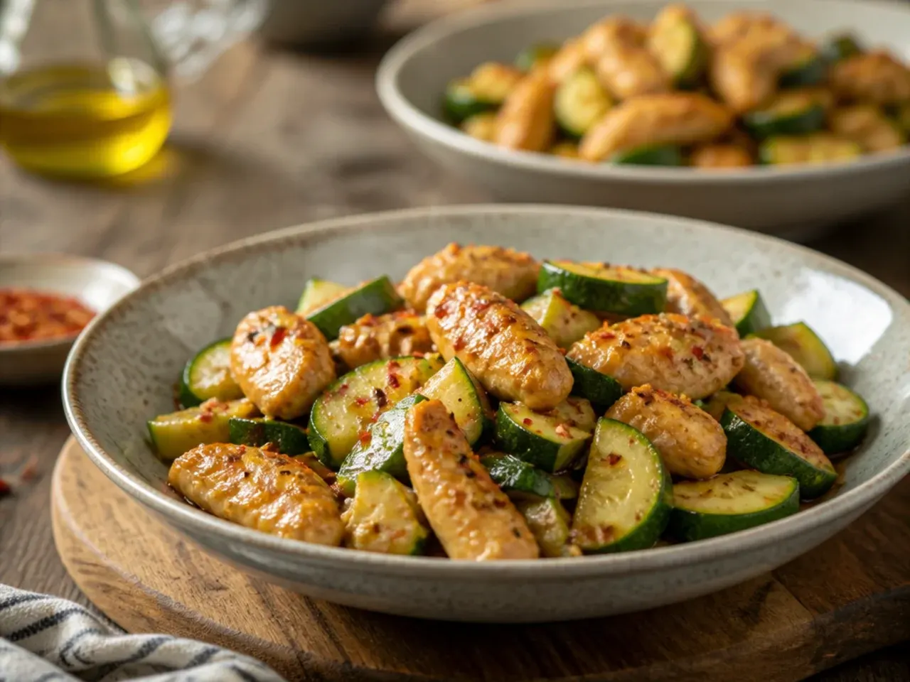 Wok of glossy soy-glazed chicken and zucchini strips over steamed rice