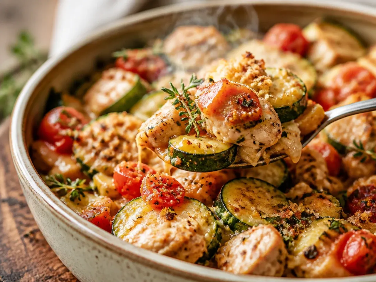 Rustic skillet of chicken thighs simmered in chunky tomato sauce with zucchini and basil