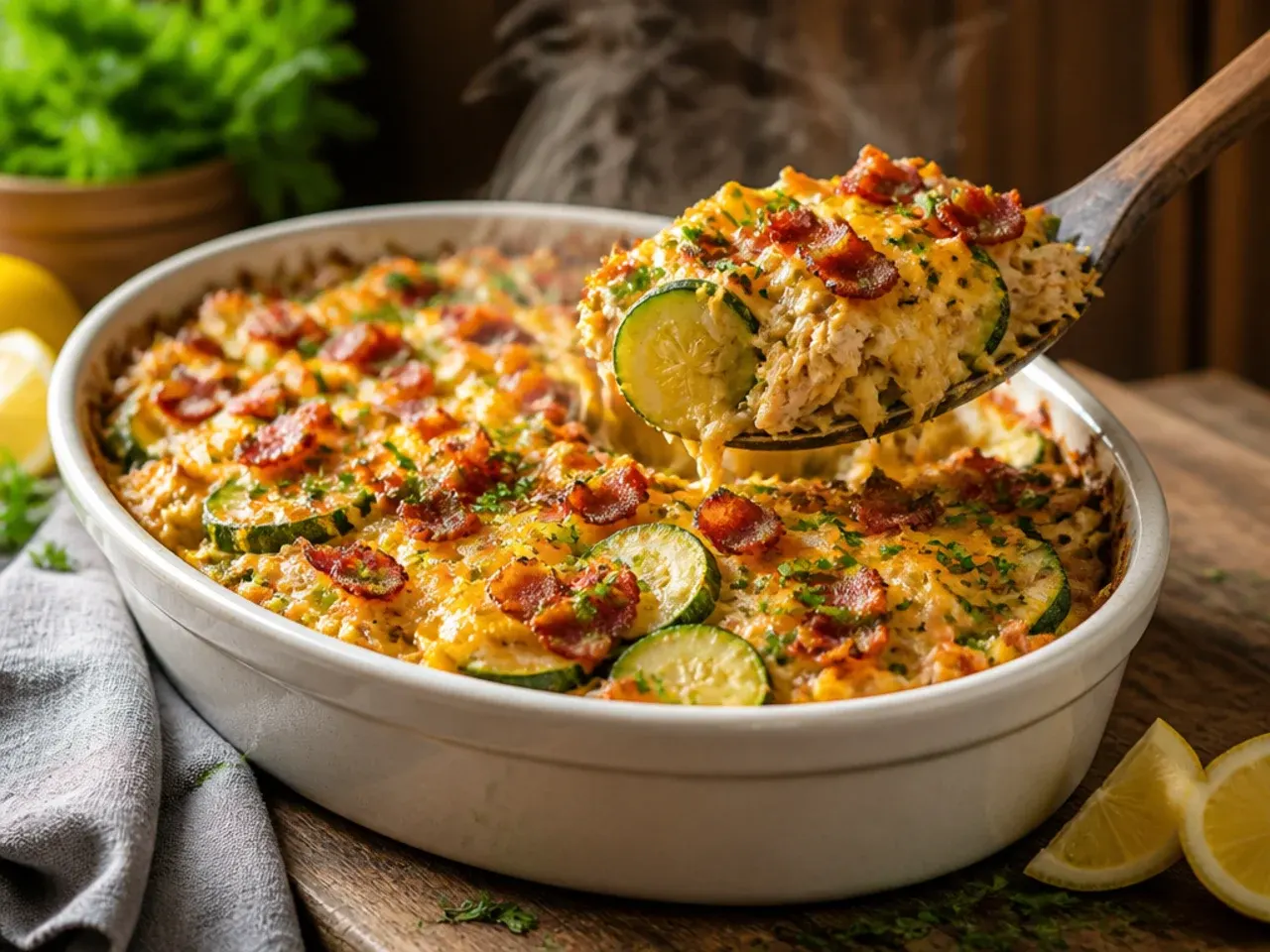 Baking dish of chicken zucchini casserole topped with golden buttery stuffing