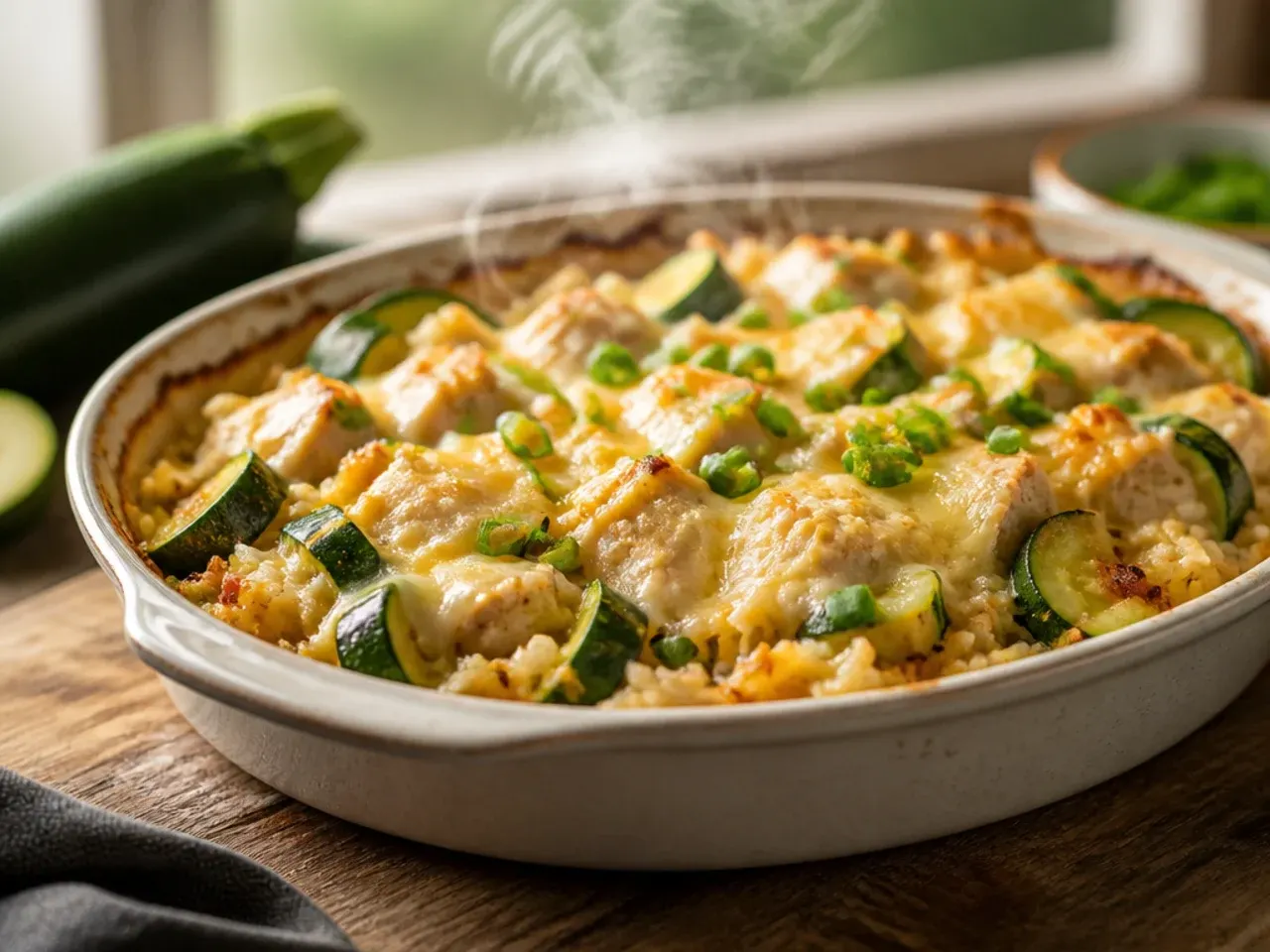 Baking dish of chicken, rice, and grated zucchini bake with a golden cheesy top