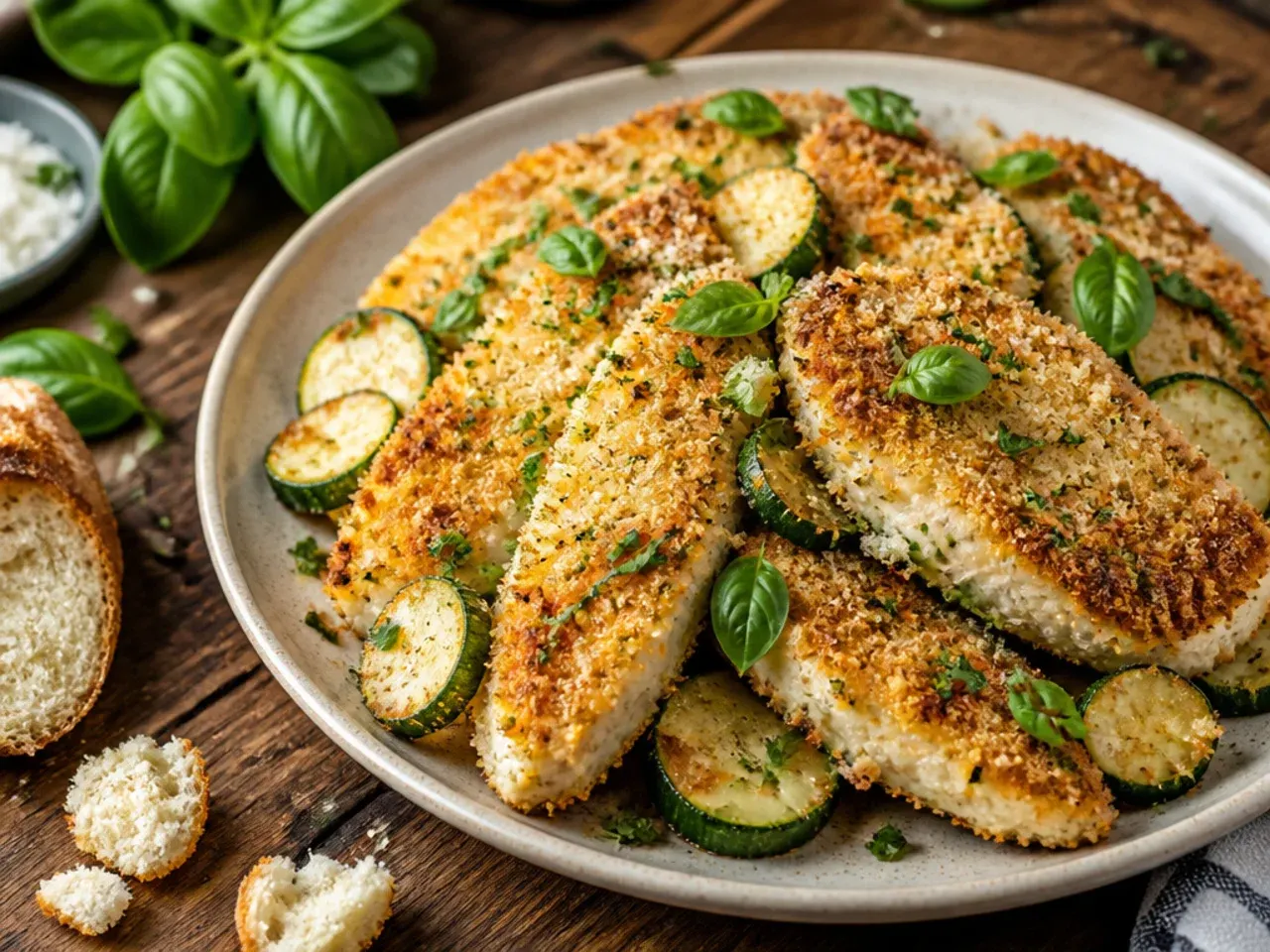 Golden crispy Parmesan-crusted chicken cutlets beside garlicky sautéed zucchini