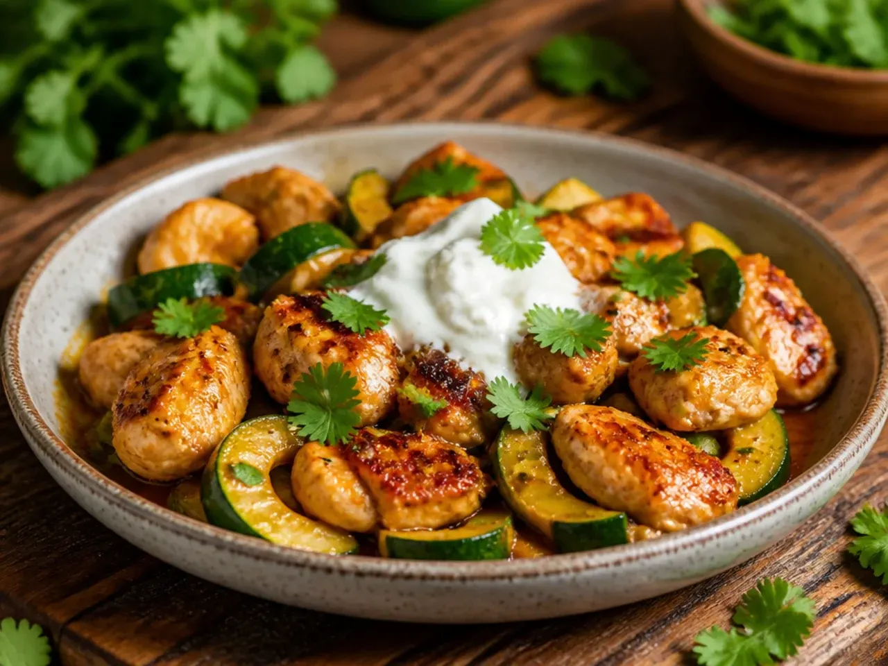 Sticky honey garlic glazed chicken and zucchini in a skillet with sesame seeds