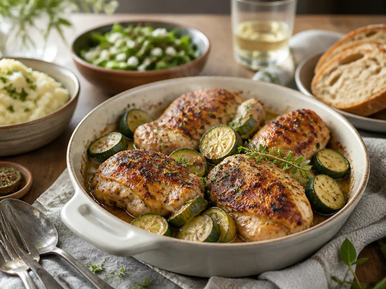 Plate of creamy chicken zucchini skillet served over rice with crusty bread on the side