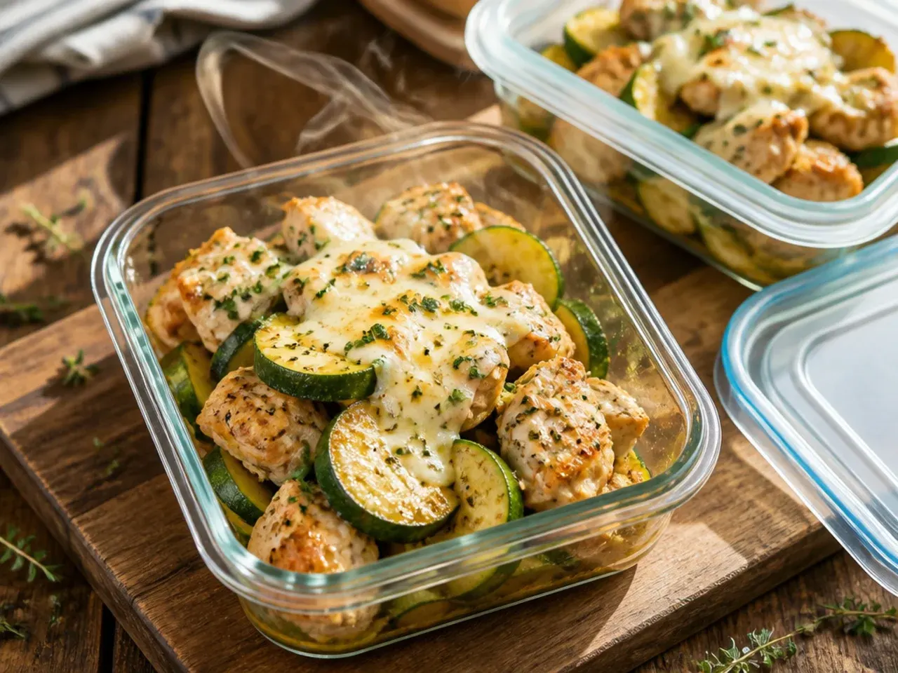 Airtight container of chicken zucchini leftovers ready for the fridge