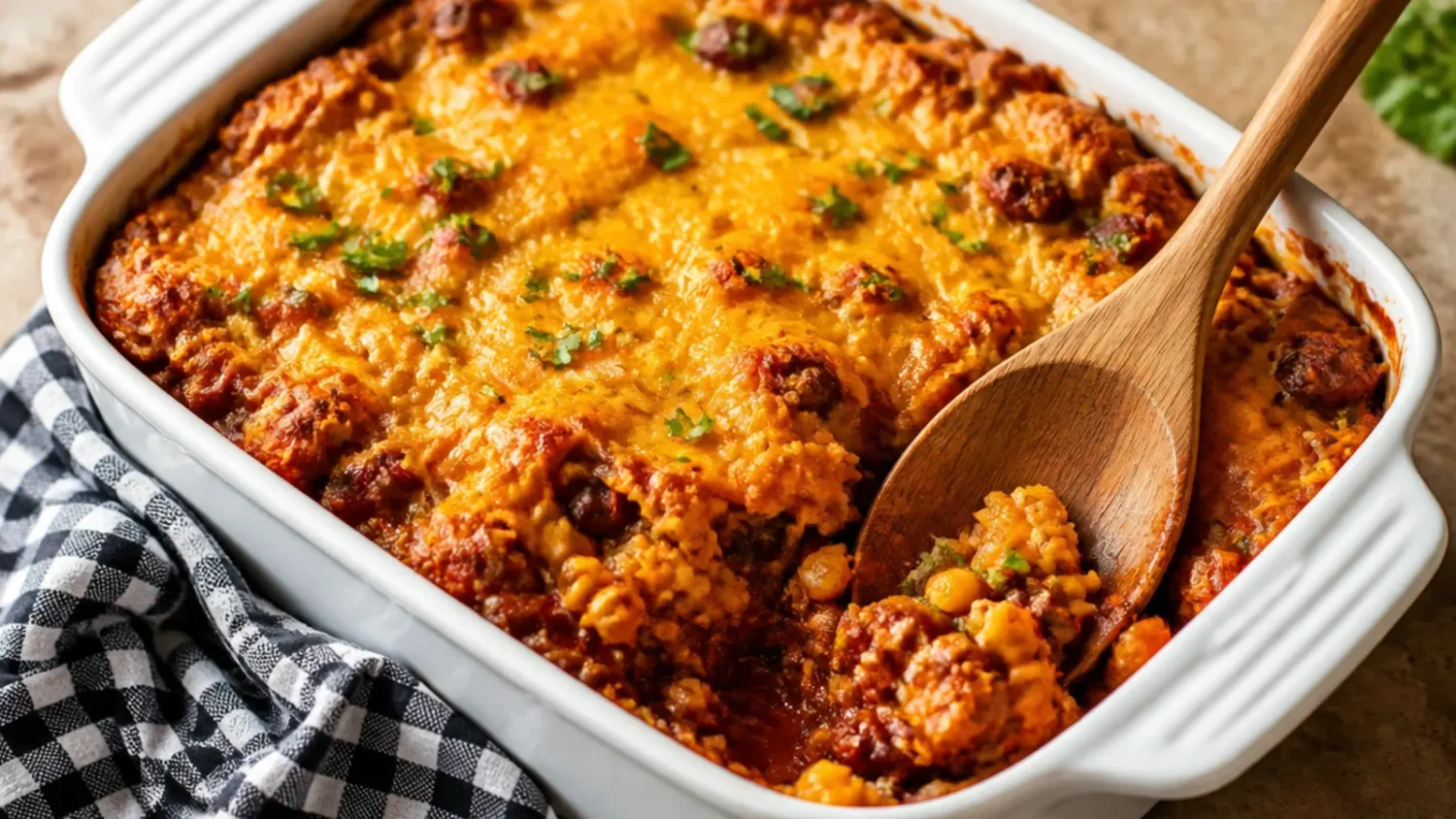 A baking dish of chili cornbread casserole with a golden cornbread crust cracked open to show bubbling beef chili underneath