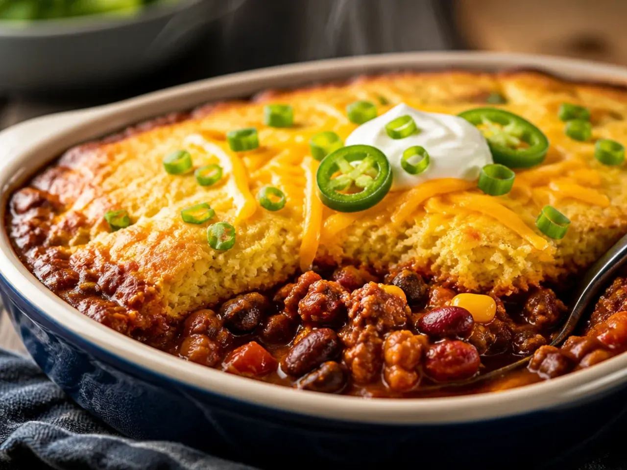 Overhead shot of a chili cornbread casserole fresh from the oven with steam rising