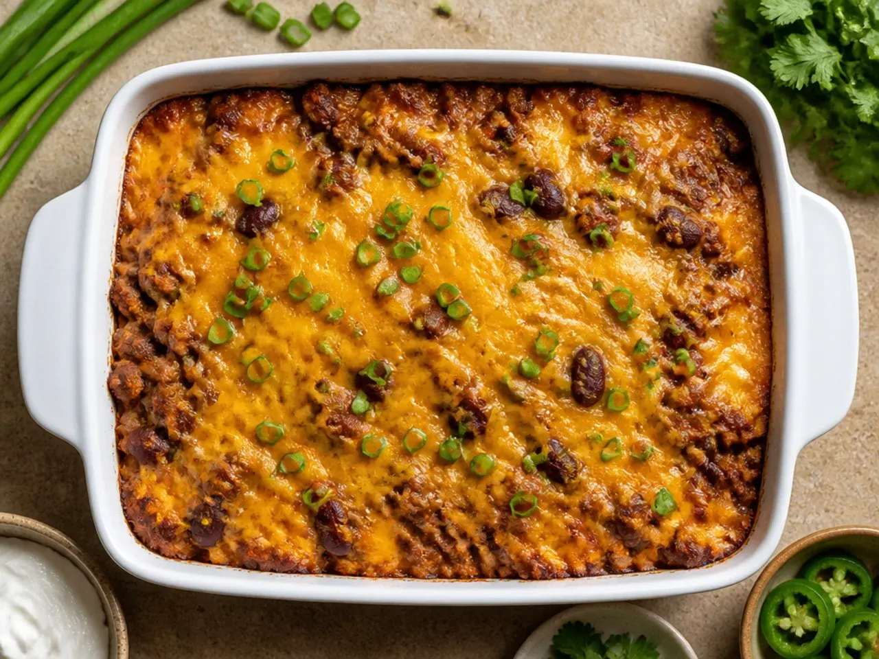 Classic beef and bean chili cornbread casserole in a white baking dish