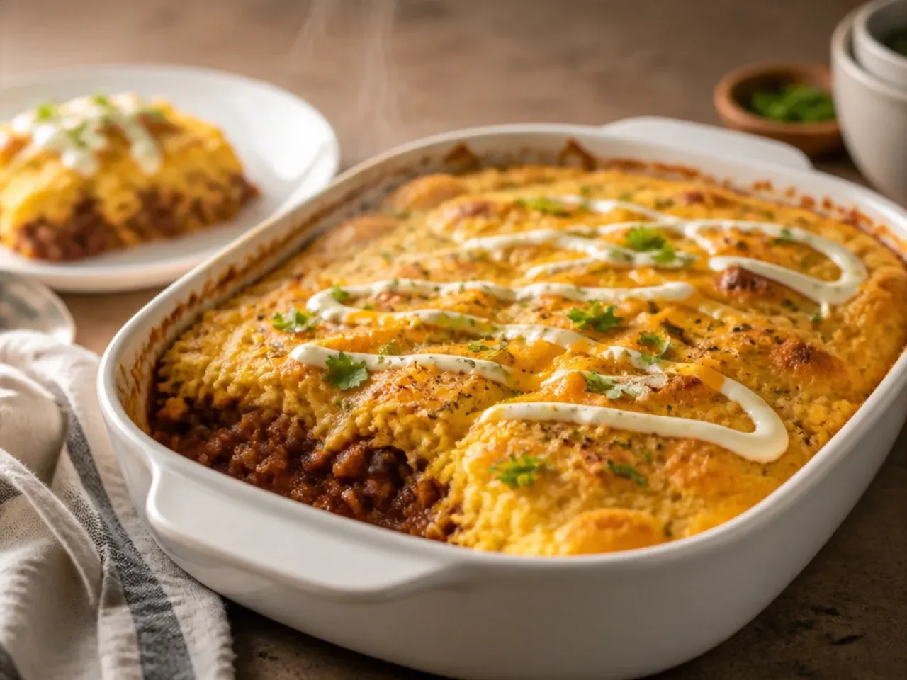 Quick weeknight chili cornbread casserole served straight from the dish