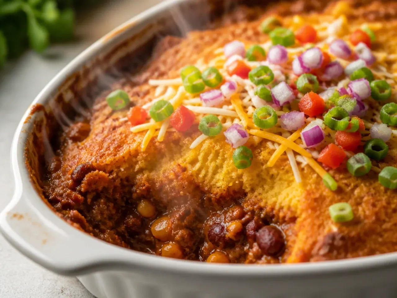 Bowl of deeply simmered chili being spooned into a casserole dish before topping