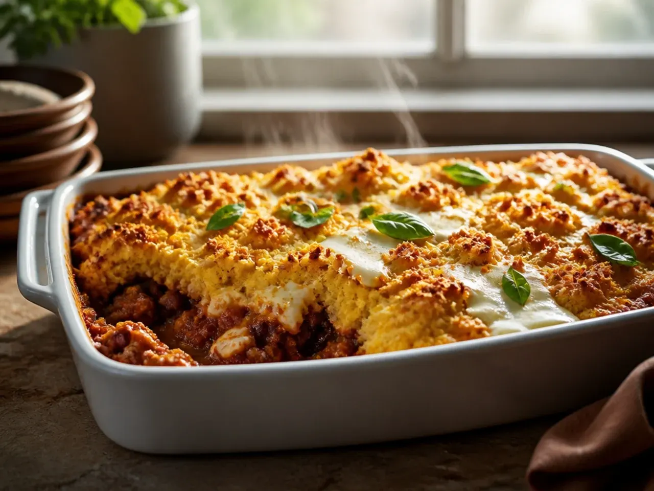 Cross-section of creamy chili cornbread casserole showing a soft sour cream layer