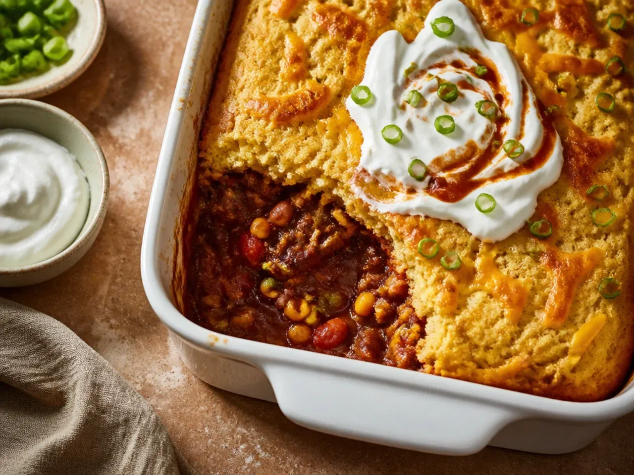 Loaded chili cornbread casserole topped with melted cheese, jalapenos and crushed tortilla chips