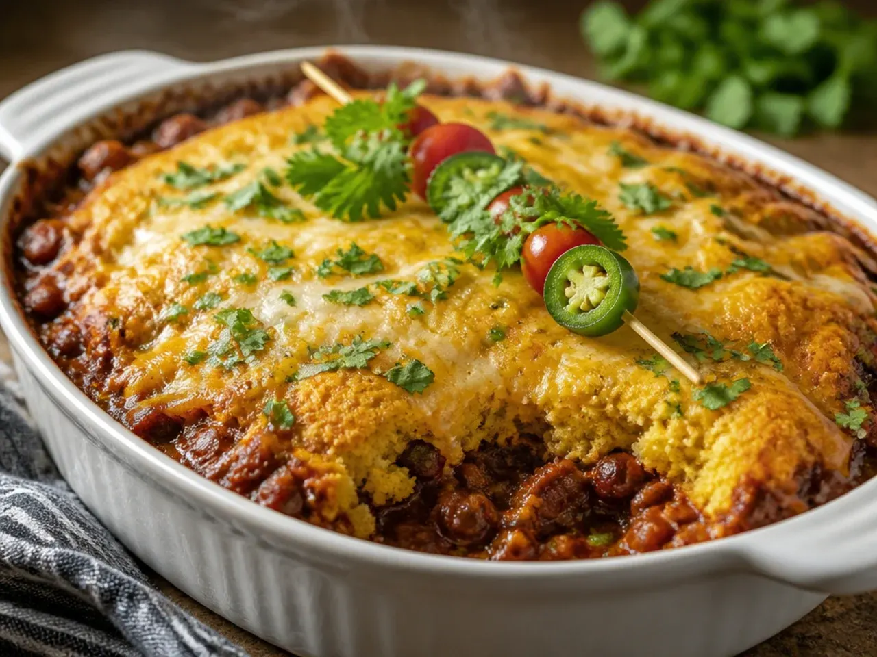 Cast iron skillet chili cornbread casserole with a golden crusty edge