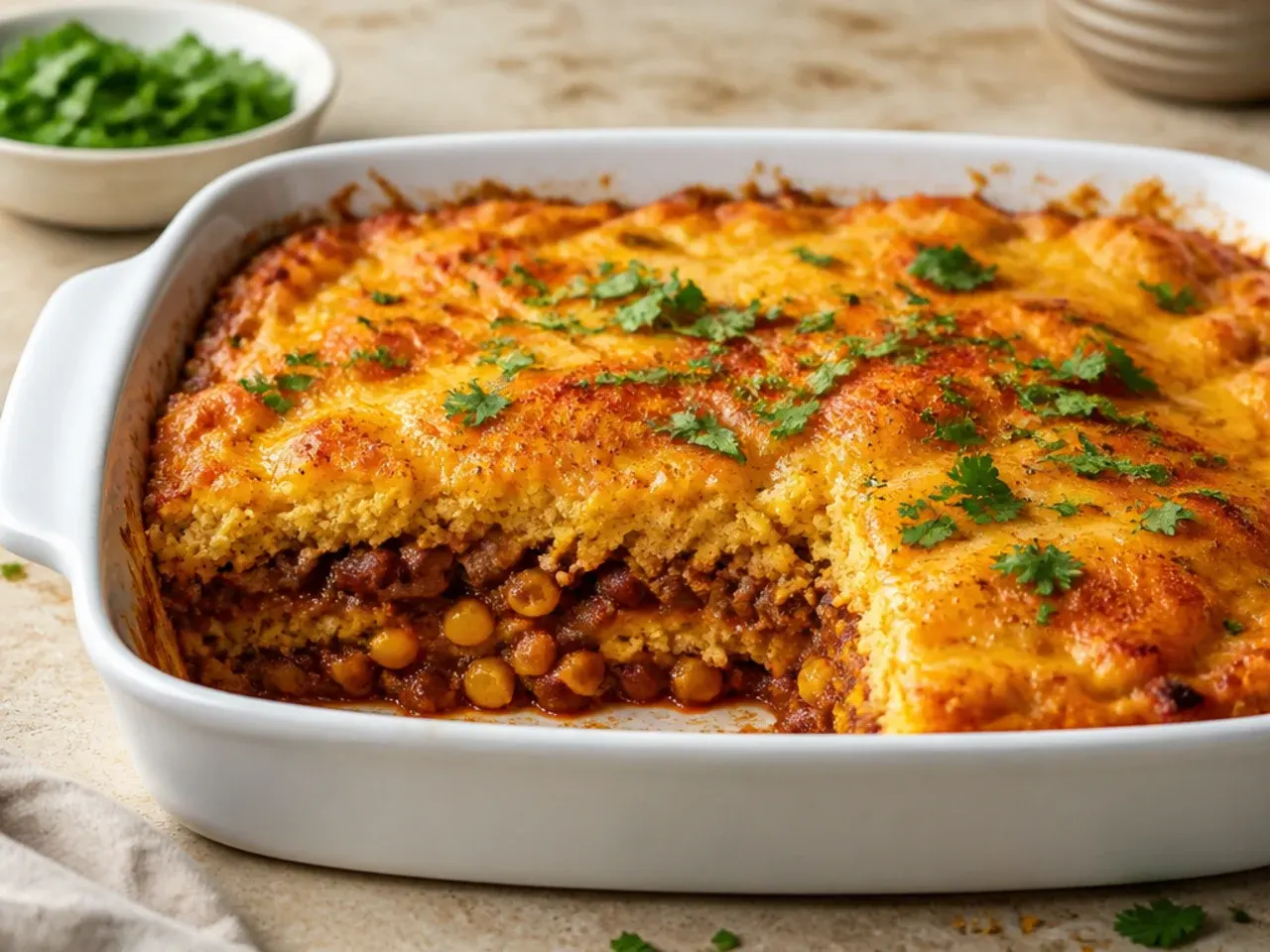 Cheesy chili cornbread casserole with melted cheddar pulling apart in a cheese pull