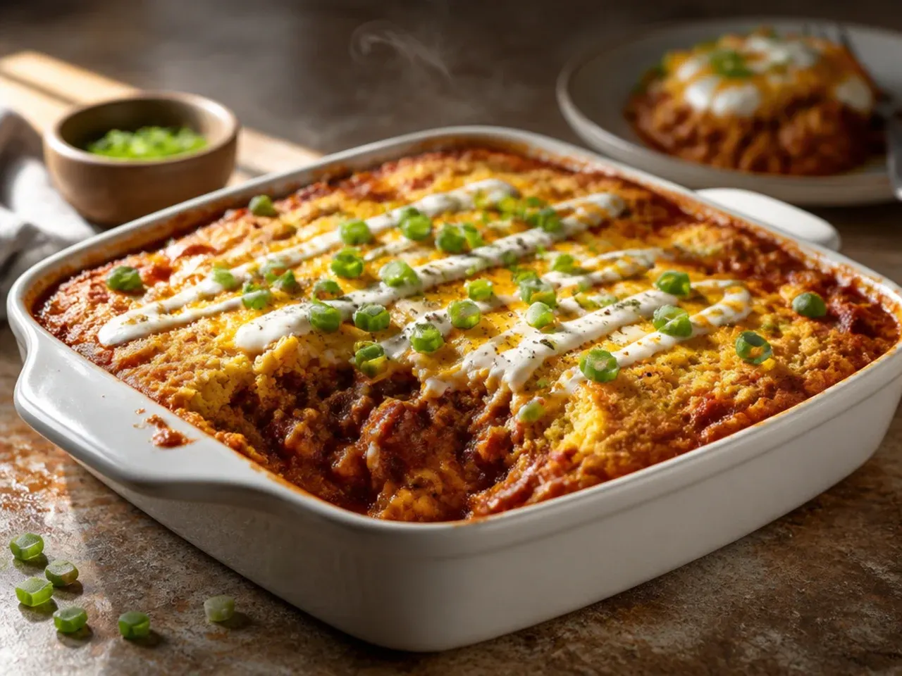 Large party-size chili cornbread casserole in a big rectangular baking dish