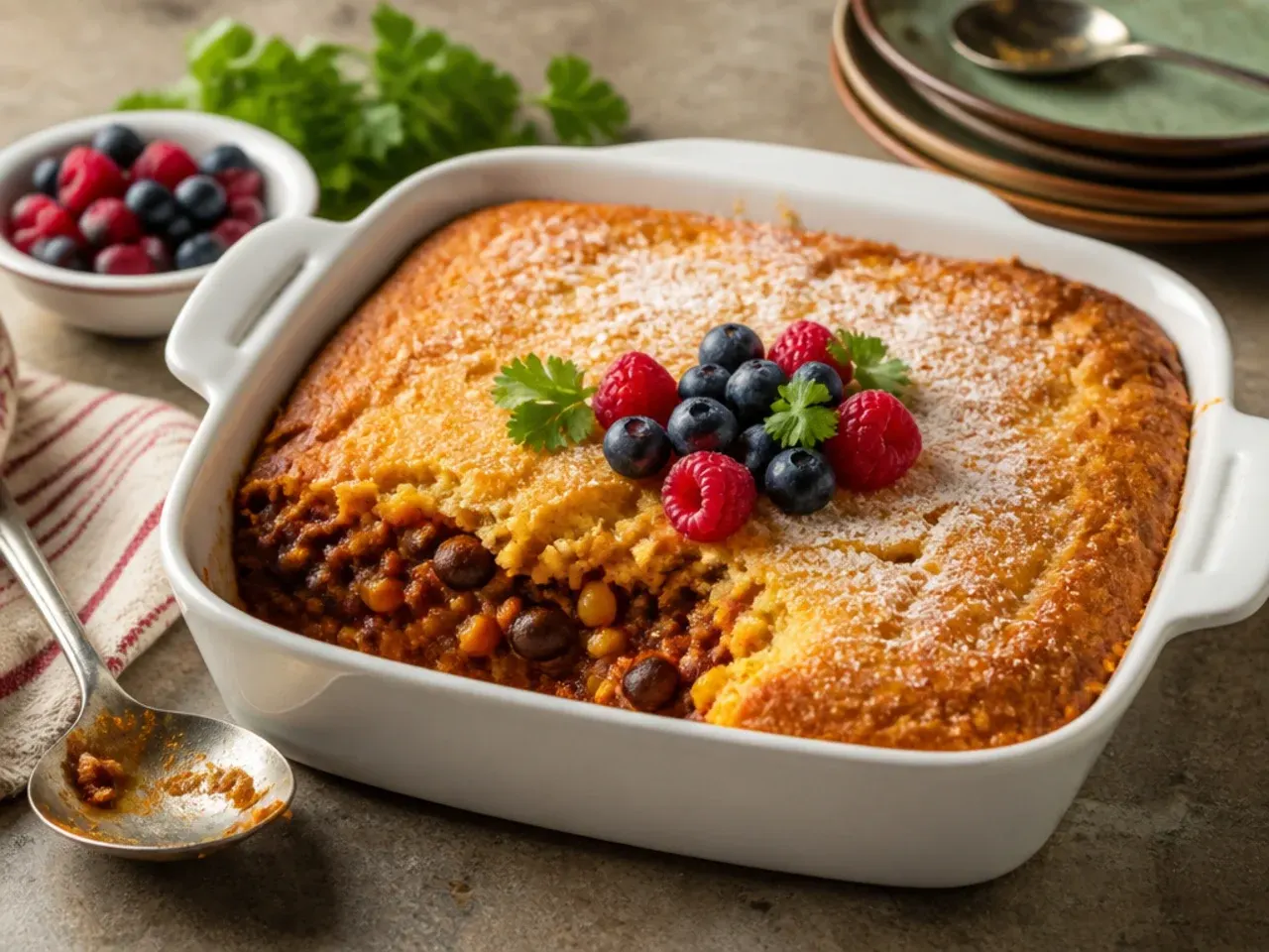 Family-friendly mild chili cornbread casserole served in bowls for children