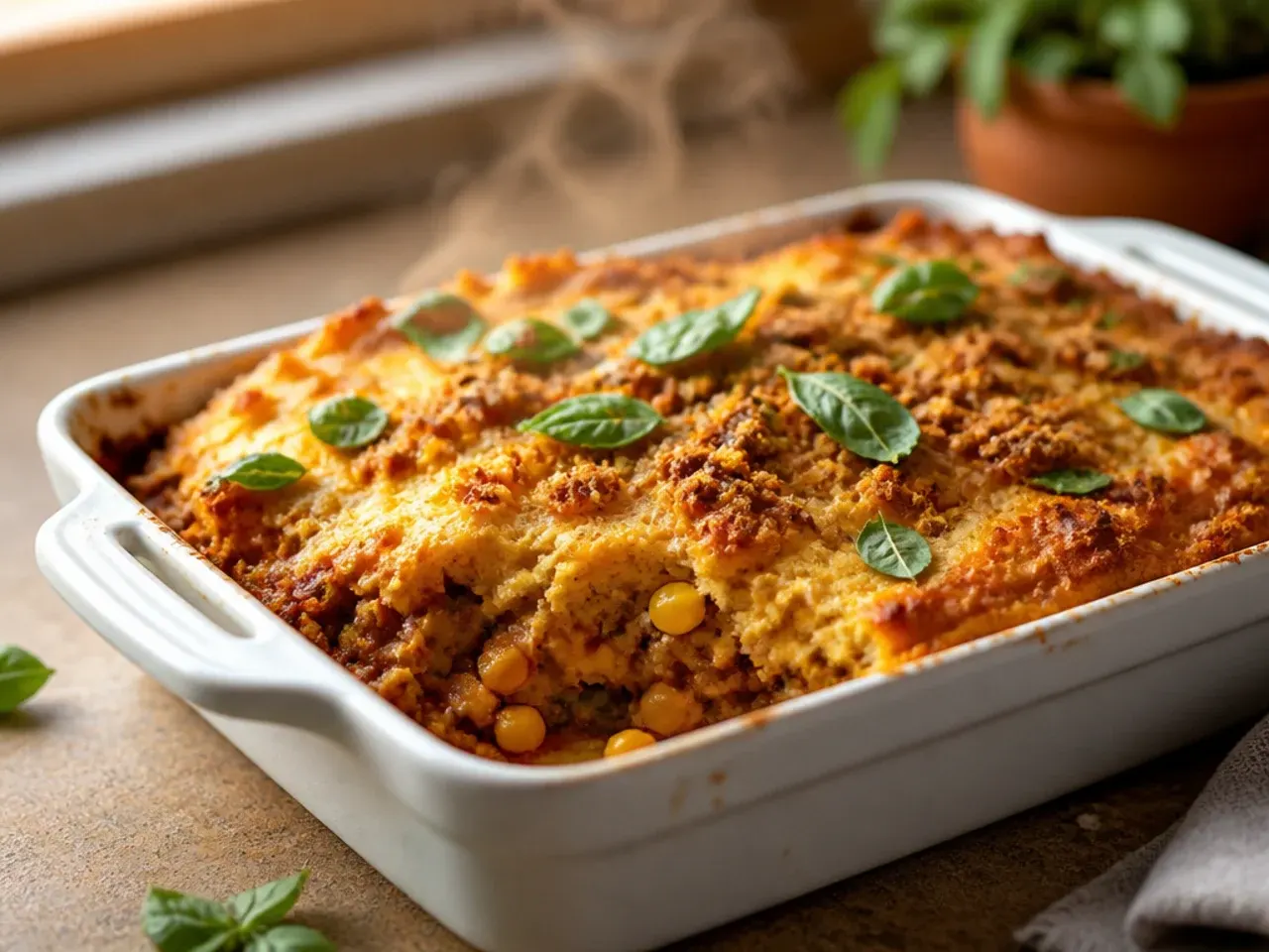 Festive green chile and corn cornbread casserole garnished with coriander and lime