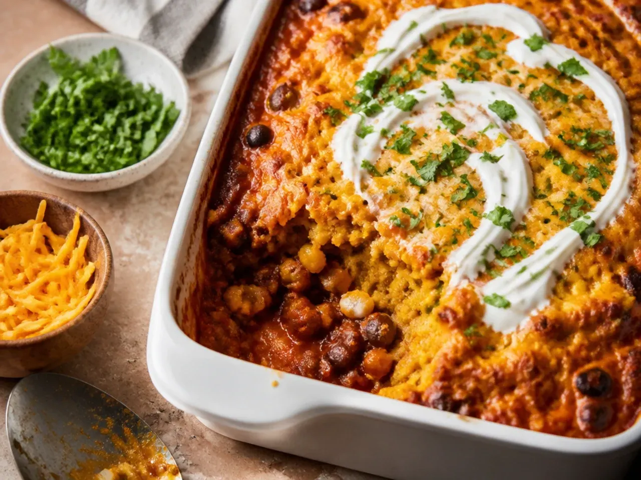 Quick chicken chili cornbread casserole made with shredded rotisserie chicken