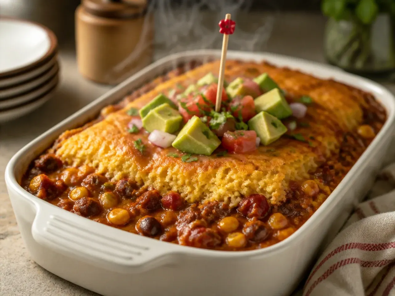 From-scratch chili cornbread casserole made with dried beans and freshly ground spices
