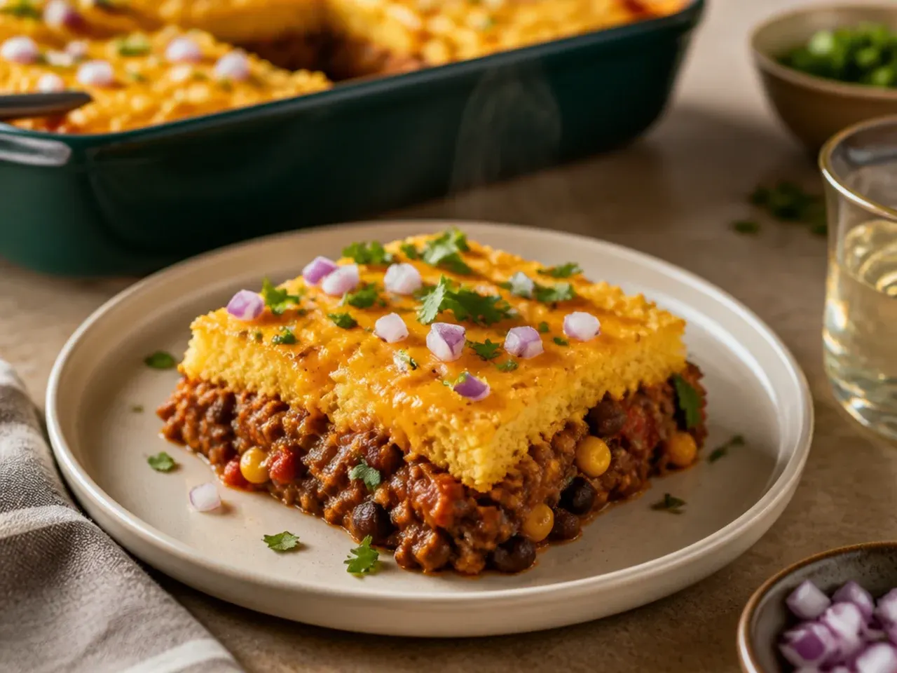 A plated serving of chili cornbread casserole with sour cream, spring onions and a side salad