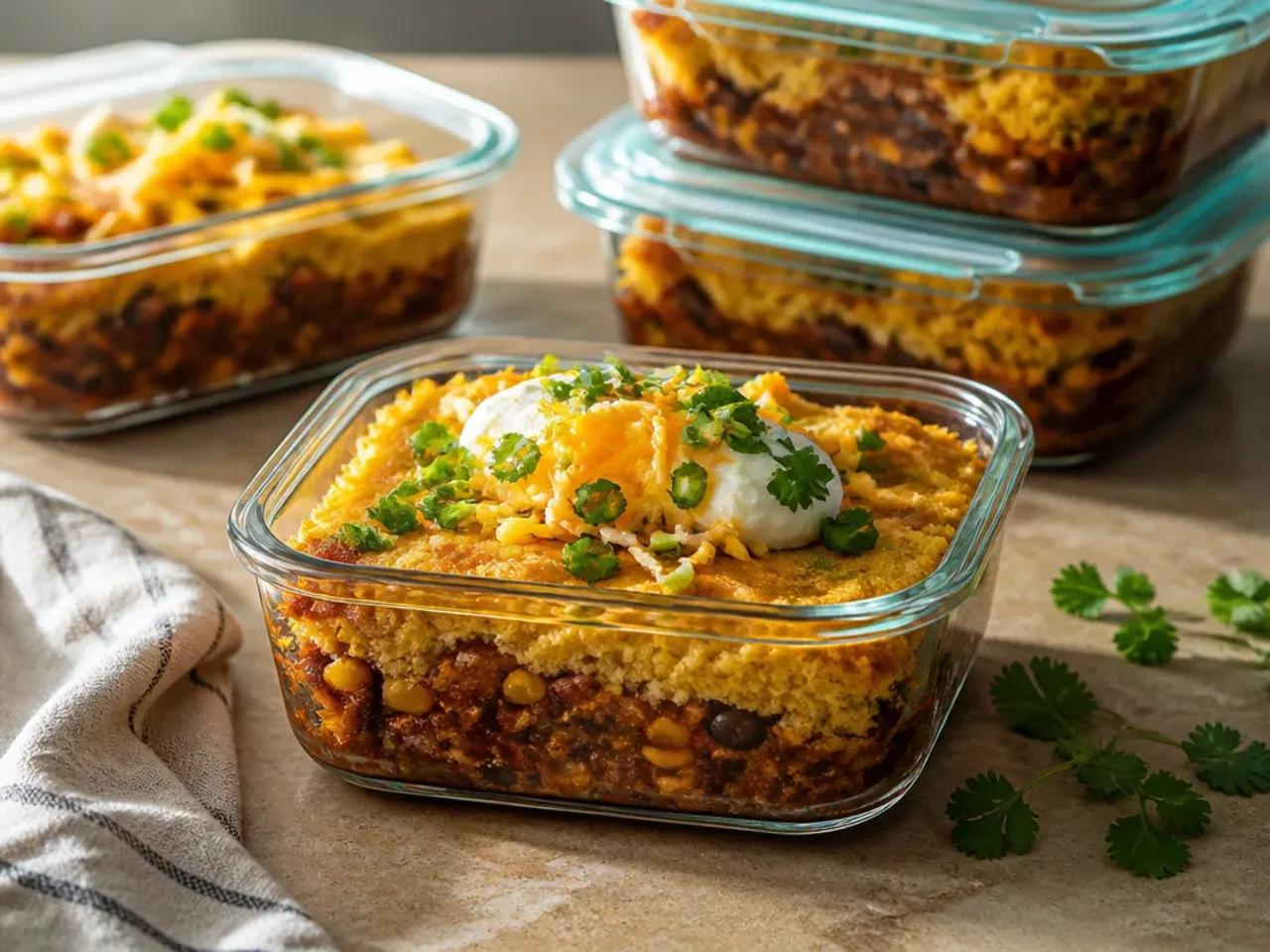 Leftover chili cornbread casserole portioned into airtight containers for storage