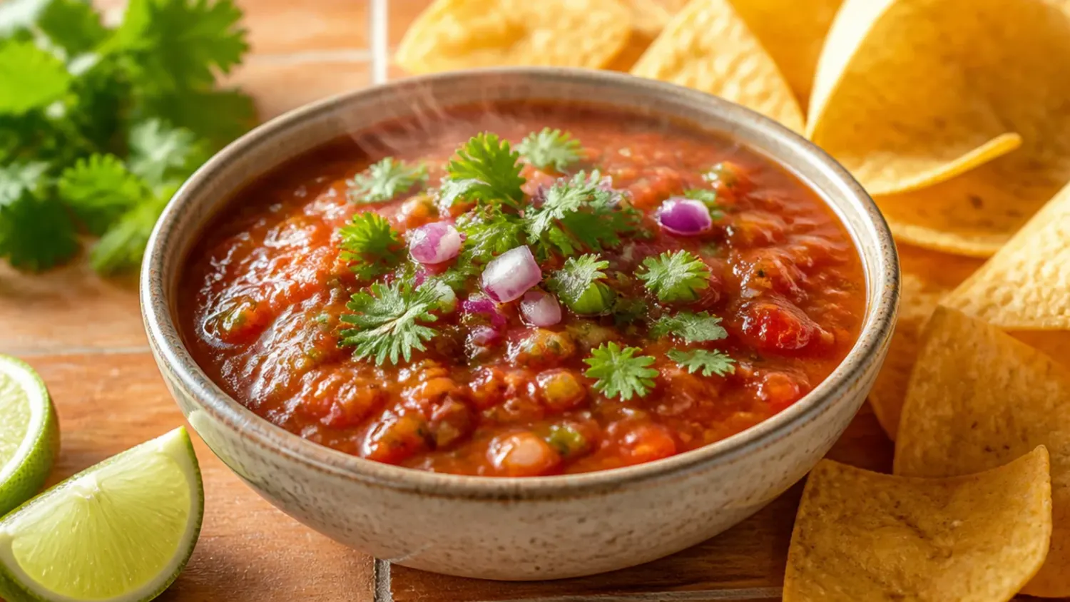 Overhead shot of chunky copycat Chili's salsa in a bowl with tortilla chips for dipping