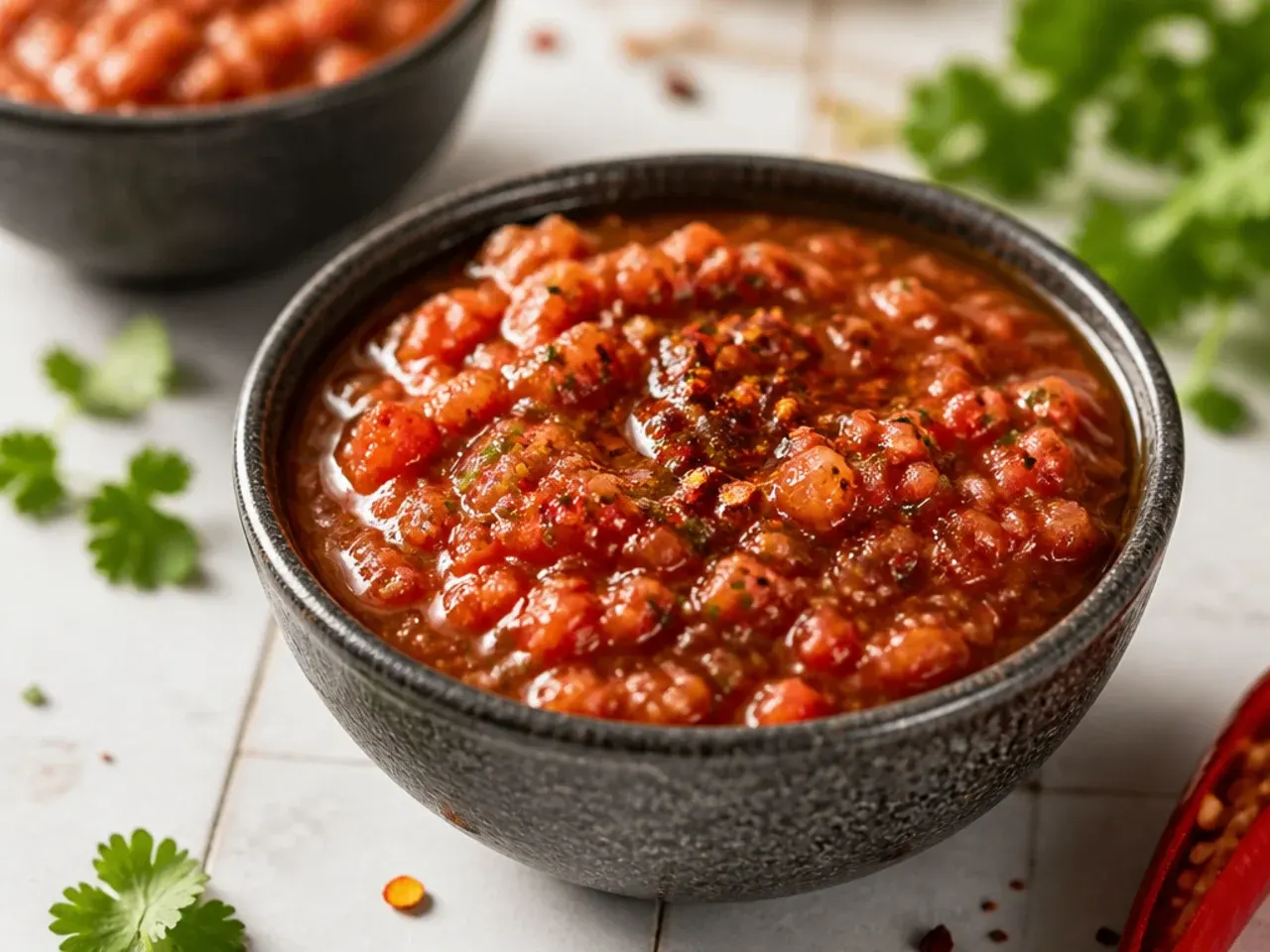 Close-up of chunky salsa texture with visible tomato and onion flecks