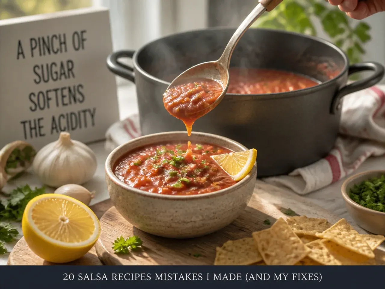 Teaspoon of sugar being added to a bowl of salsa ingredients