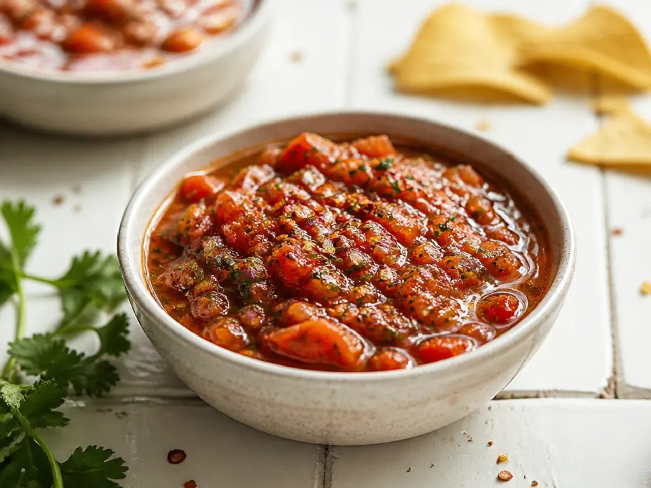 Tasting a spoonful of chilled salsa straight from the bowl