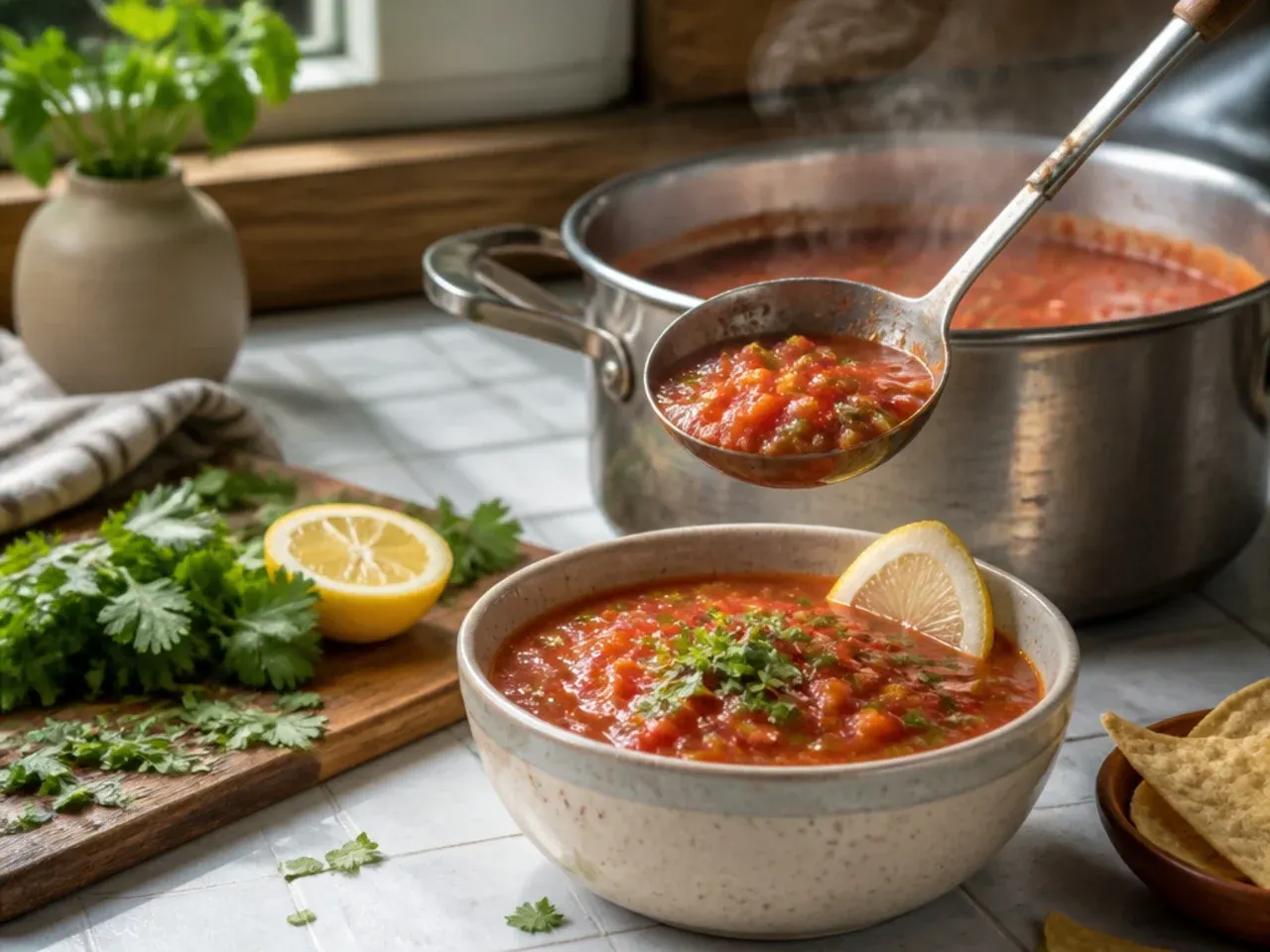 Large bowl of combined salsa batches next to an empty food processor