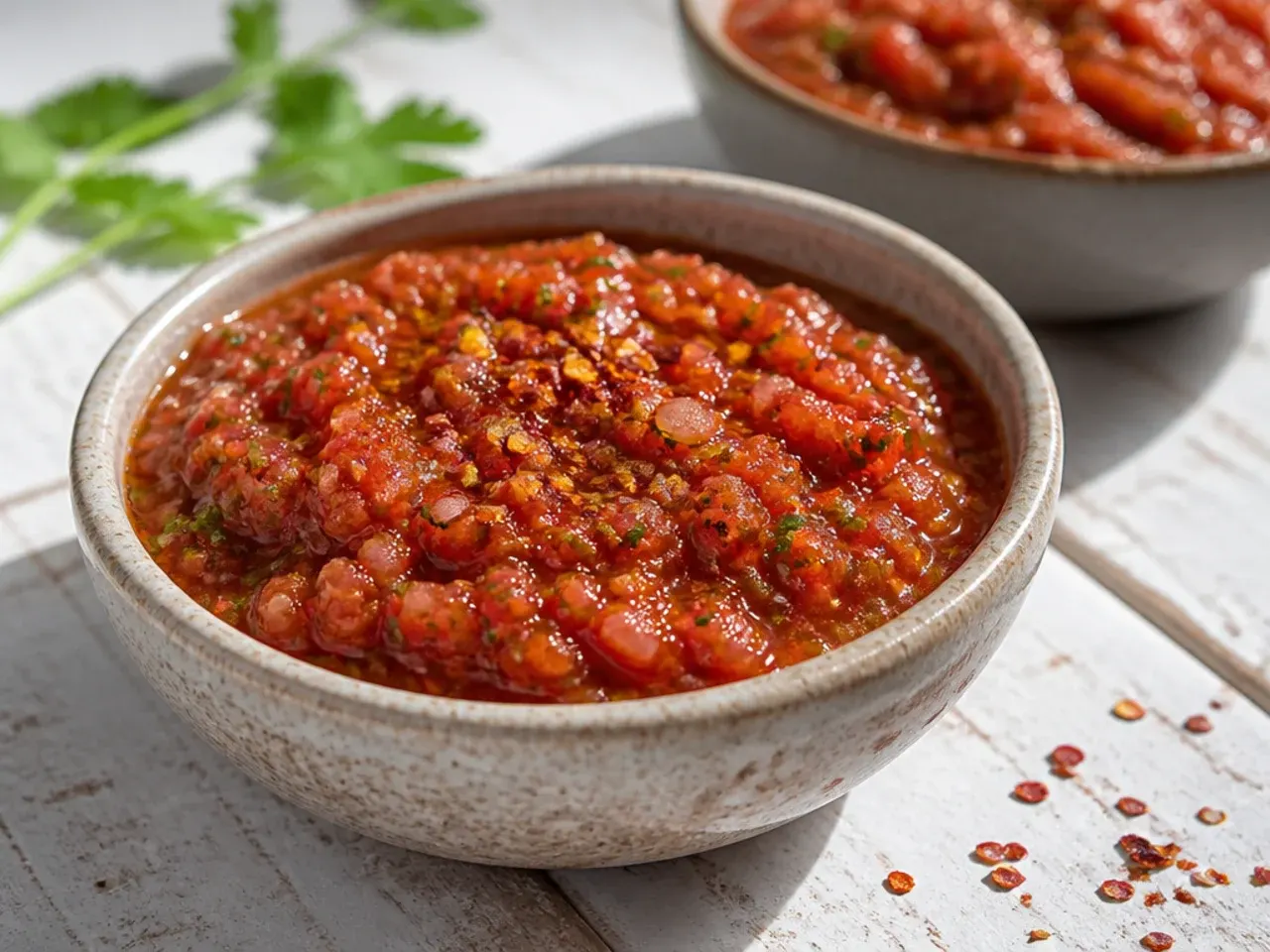 Food processor bowl with salsa mid-pulse showing chunky texture