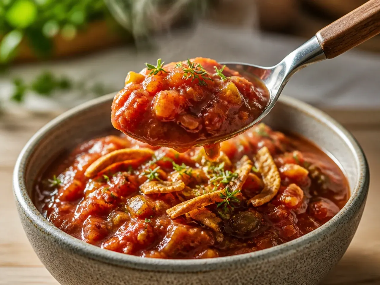 Bowl of salsa resting on the counter with tortilla chips arranged around it