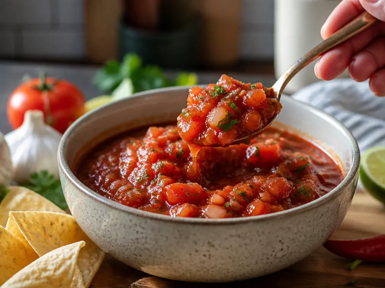 Bowl of finished copycat Chili's salsa served with a basket of tortilla chips