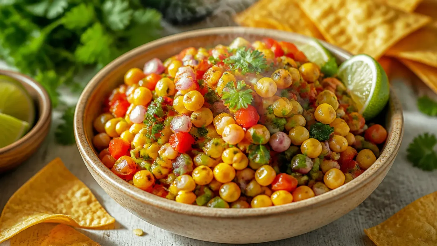 Overhead shot of chipotle corn salsa in a rustic bowl, showing charred corn kernels, red onion, cilantro and lime wedges alongside tortilla chips.