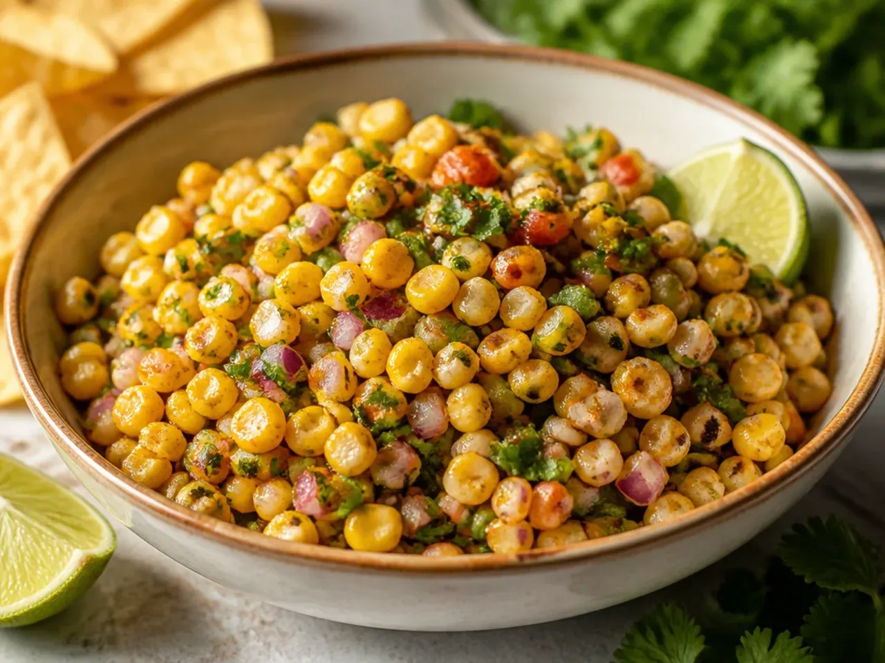 Table spread of ingredients for chipotle corn salsa including corn, chipotle peppers in adobo, lime, red onion and cilantro.