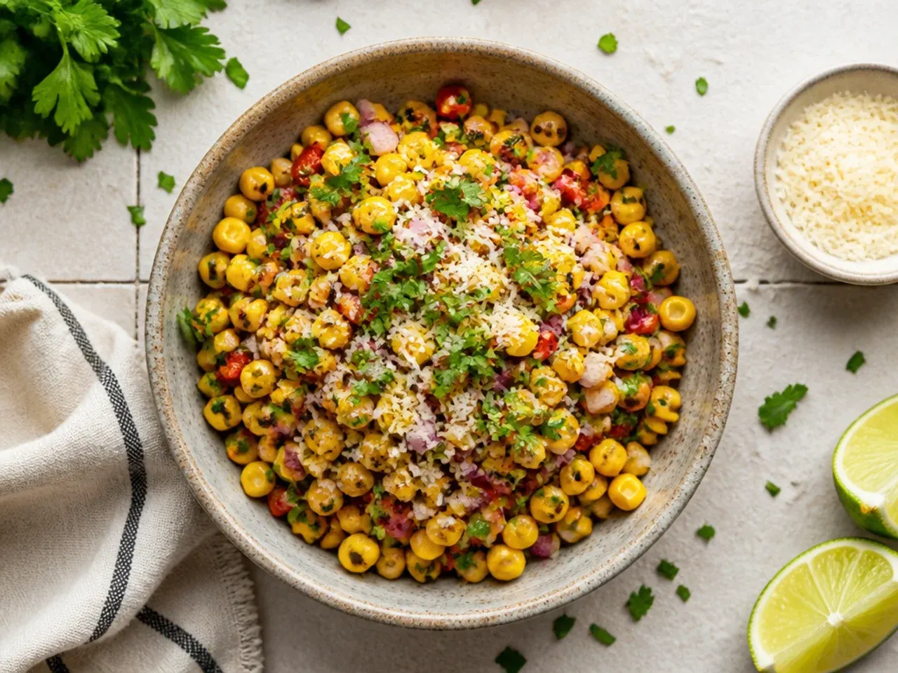 Close-up of classic chipotle corn salsa in a bowl with visible charred corn kernels and flecks of red onion and cilantro.
