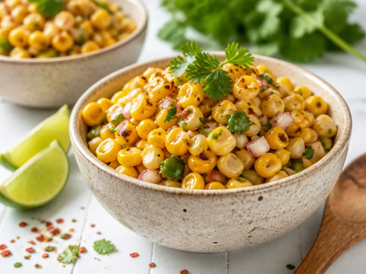Quick no-cook chipotle corn salsa being stirred together in a glass mixing bowl.
