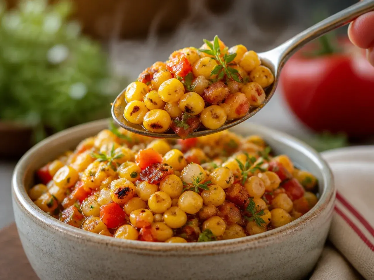 Fresh corn and tomato salsa in a bowl with diced red tomato mixed through golden corn kernels.