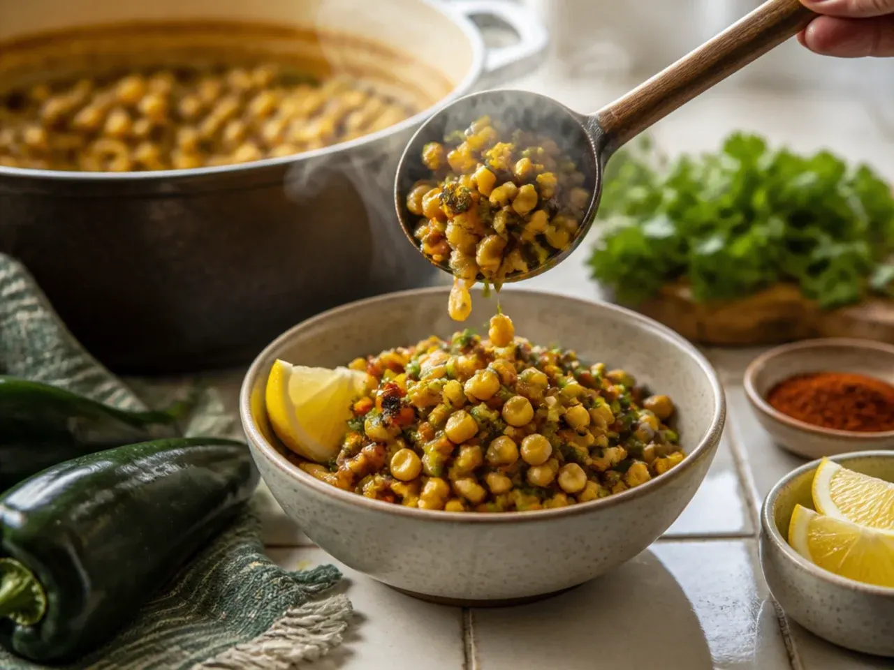 Roasted poblano pepper being diced on a chopping board next to a bowl of corn salsa.