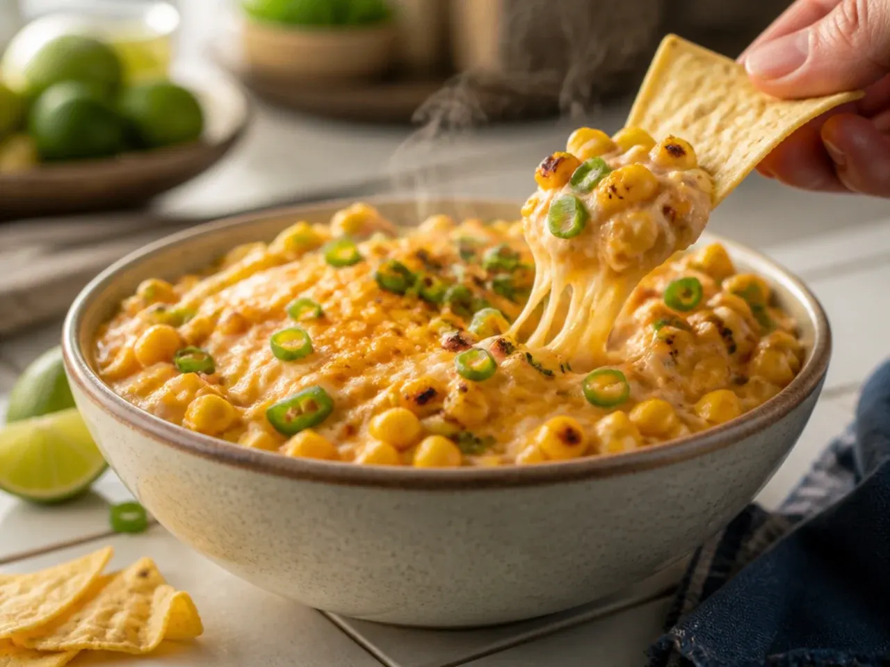 Creamy chipotle corn salsa with visible chunks of avocado and a drizzle of crema on top.