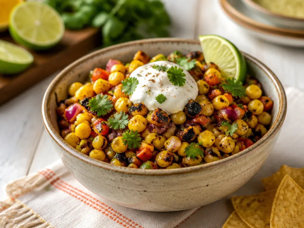Lime and lemon halves being squeezed over a bowl of corn salsa with zest scattered on top.