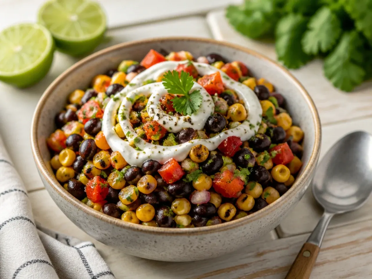 Bowl of black bean and corn salsa with visible black beans, corn and diced red onion.