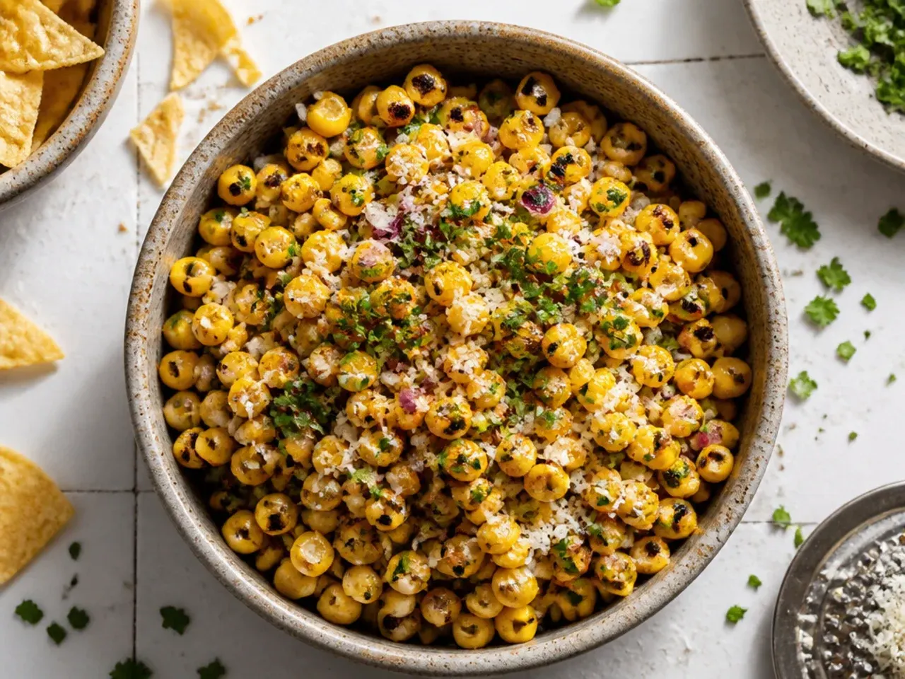 Bag of frozen corn kernels next to a finished bowl of budget chipotle corn salsa.