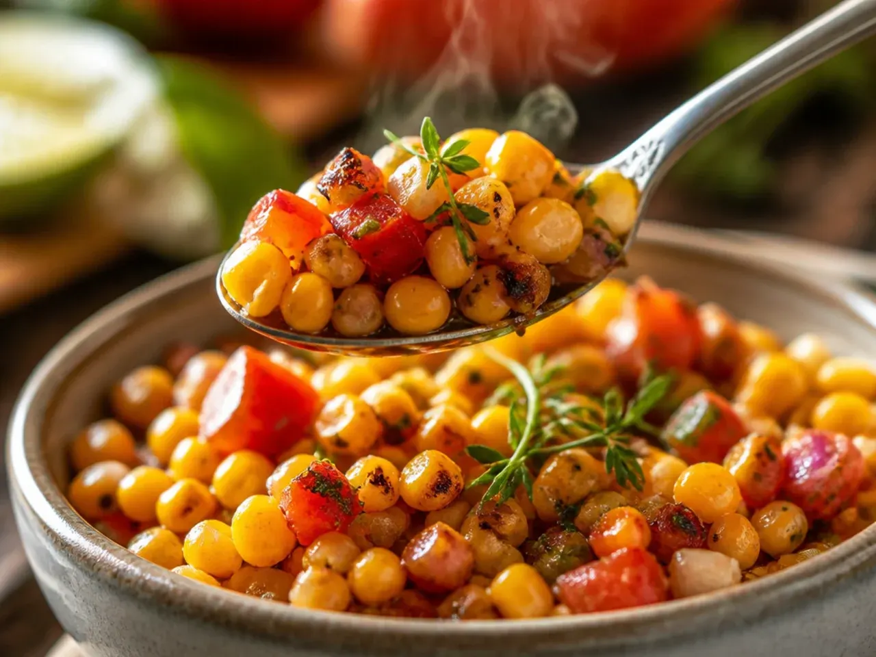 Rustic corn salsa in a wooden bowl with chunky fire-roasted tomato pieces throughout.