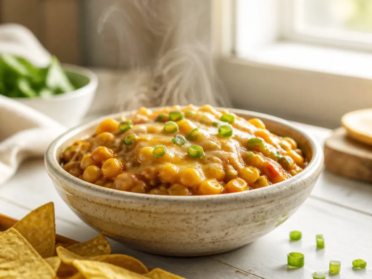 Mild corn salsa in a bowl with a spoon, surrounded by tortilla chips on a family dinner table.