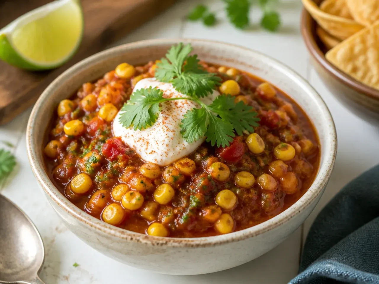 Food processor bowl with partially blended chipotle corn salsa, some kernels still whole.
